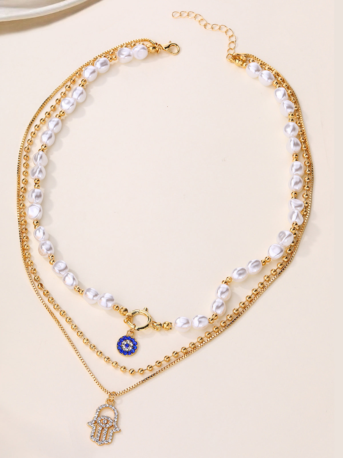 Valentina Moreau - Conjunto de collar de varias vueltas con perlas y mano de Fátima