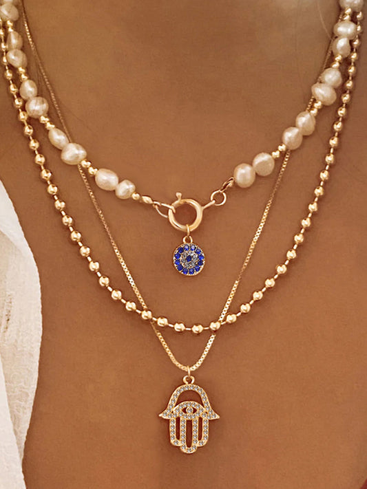Valentina Moreau - Conjunto de collar de varias vueltas con perlas y mano de Fátima