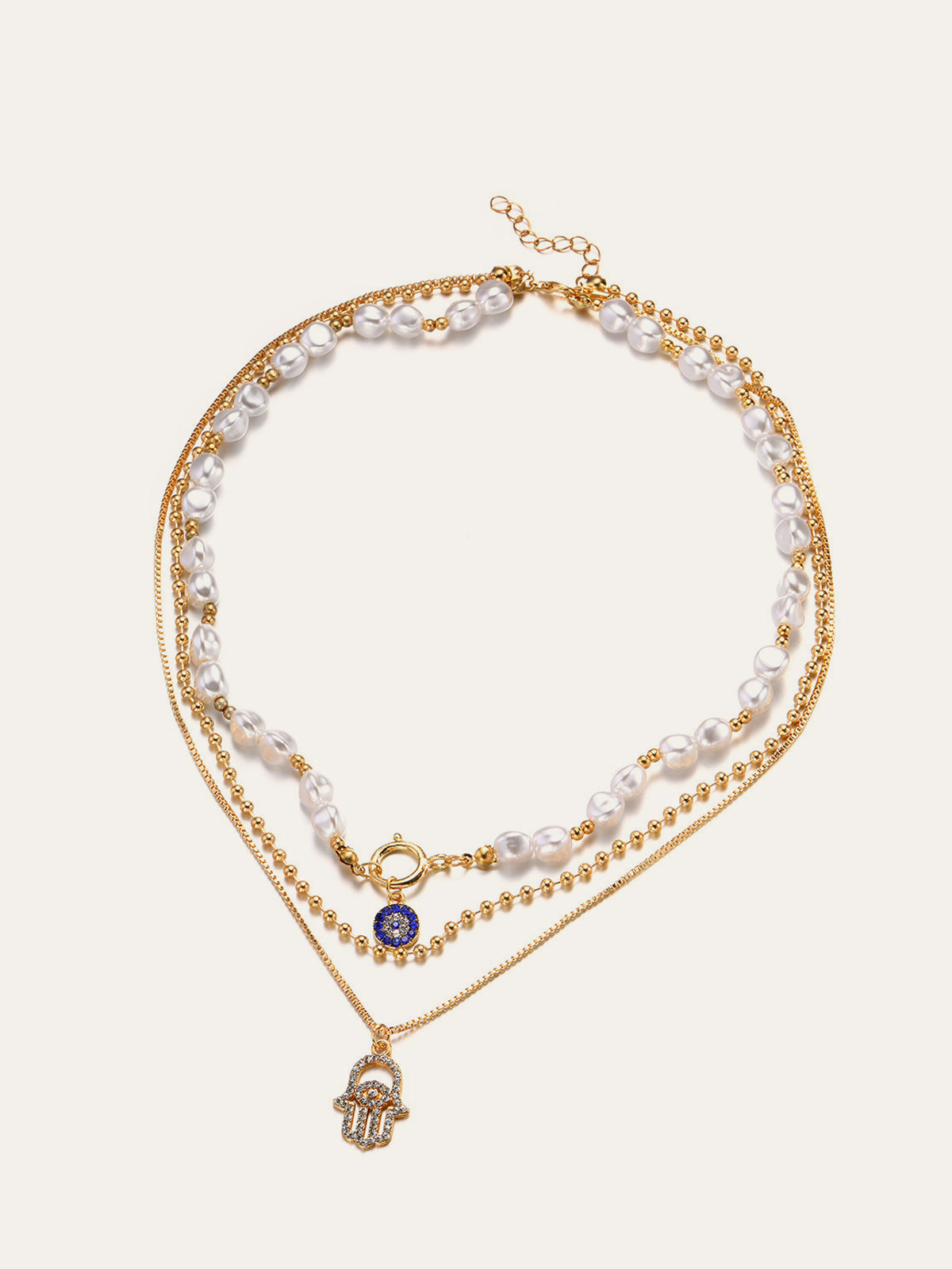 Valentina Moreau - Conjunto de collar de varias vueltas con perlas y mano de Fátima