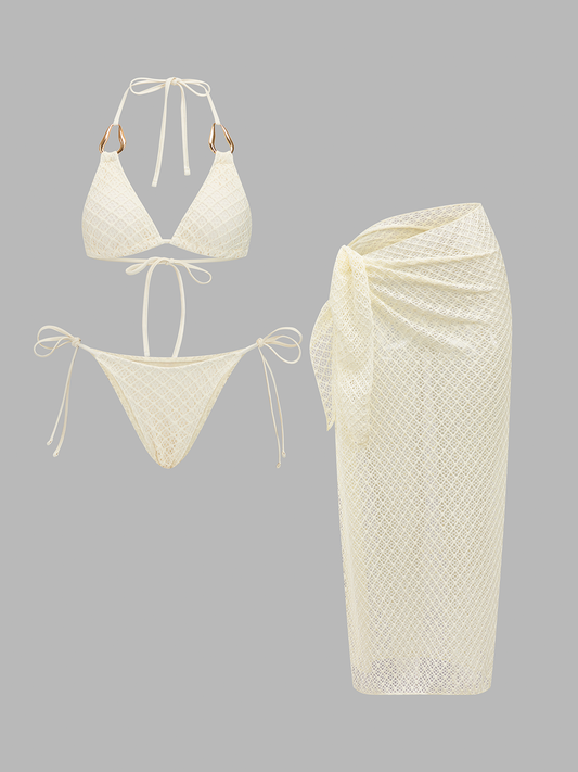 Valentina Moreau - Conjunto de baño de 3 piezas con bikini de punto calado